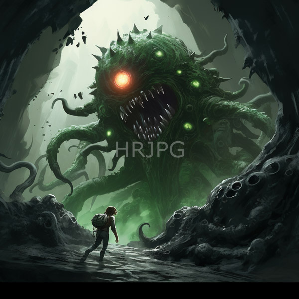 High Resolution: Eerie cavernous scene with dark green hues a small human figure in tactical gear faces a massive terrifying creature resembling a giant spider-monster download. | HRJPG.com