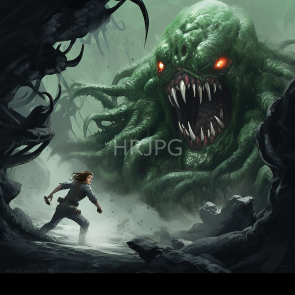 High Resolution: Intense scene where a brown-haired armored woman runs away from a massive green tentacled monster with glowing red eyes in a foggy cave filled with twisted roots download. | HRJPG.com