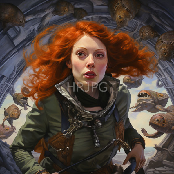High Resolution: Alarmed fair-skinned woman with vibrant red hair floats amidst flying fish-like creatures in a futuristic setting wearing green and brown gear download. | HRJPG.com