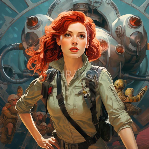 High Resolution: Attractive fair-skinned woman with vibrant red hair and green eyes wears a military-style olive-green jumpsuit and harnesses standing confidently against a steampunk mechanical background download. | HRJPG.com