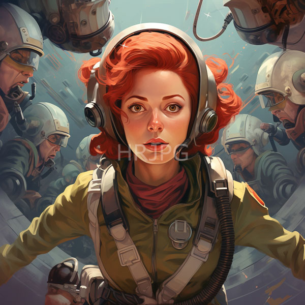 High Resolution: Attractive red-haired woman wears futuristic pilot gear including headphones and harnesses over her olive-green jumpsuit surrounded by helmeted soldiers download. | HRJPG.com