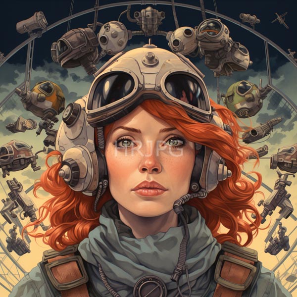High Resolution: Attractive fair-skinned woman with curly red hair wears vintage aviator goggles and mechanical headgear adorned by floating steampunk gadgets download. | HRJPG.com