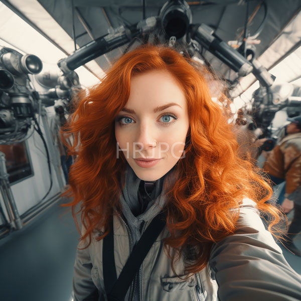 High Resolution: Attractive fair-skinned woman with vibrant red curly hair and blue eyes takes a selfie inside a futuristic aircraft cockpit with metallic machinery in the background download. | HRJPG.com