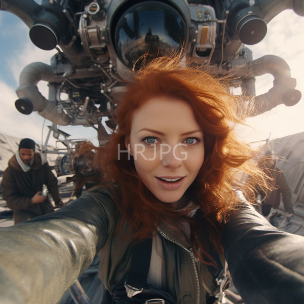 High Resolution: Red-haired woman with fair skin and blue eyes wears a black leather jacket taking a selfie in front of a large mechanical device resembling sci-fi technology download. | HRJPG.com