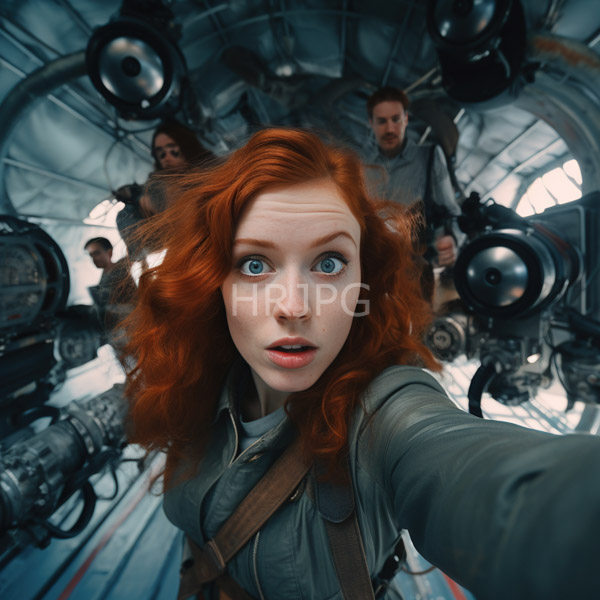 High Resolution: Astonished red-haired woman with fair skin and blue eyes takes a selfie inside a futuristic metallic machinery room wearing a green military-style jacket download. | HRJPG.com