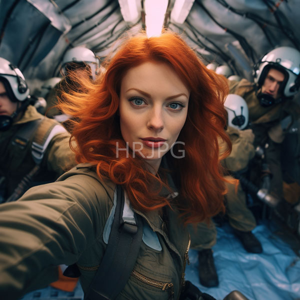 High Resolution: Attractive fair-skinned woman with vibrant red hair takes a selfie inside a cramped spaceship cockpit filled with armed soldiers in white helmets download. | HRJPG.com