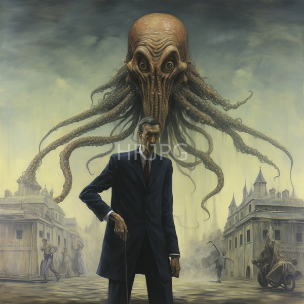 High Resolution: Surreal elderly man in a dark blue suit stands confidently before a massive octopus-headed creature looming behind him against foggy European-style buildings download. | HRJPG.com