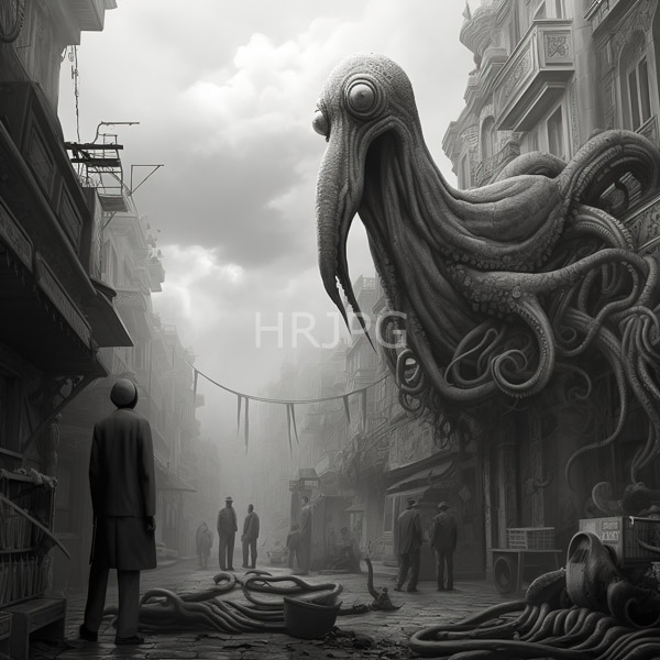High Resolution: Eerie foggy street scene in black and white with a towering octopus-like creature dominating one side and a solitary figure standing facing it download. | HRJPG.com