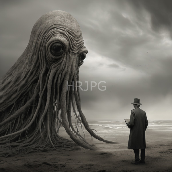 High Resolution: Enormous detailed octopus with large eyes and long tentacles looms over a solitary man in Victorian attire standing on a deserted beach download. | HRJPG.com