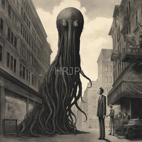 High Resolution: Enormous octopus with large eyes and textured tentacles stands in a narrow urban street between tall buildings with a man in a suit standing nearby download. | HRJPG.com