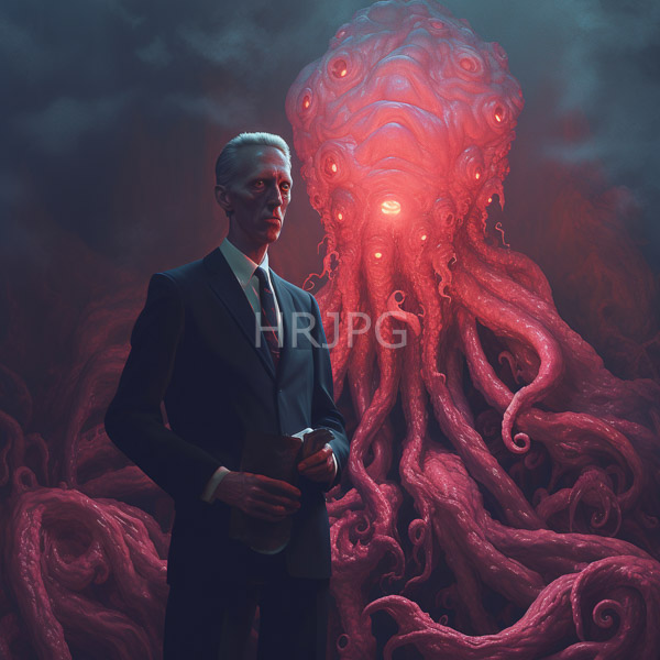 High Resolution: Older man in a dark suit holds glasses and stands before a massive pink octopus with glowing red eyes against a cloudy night sky download. | HRJPG.com