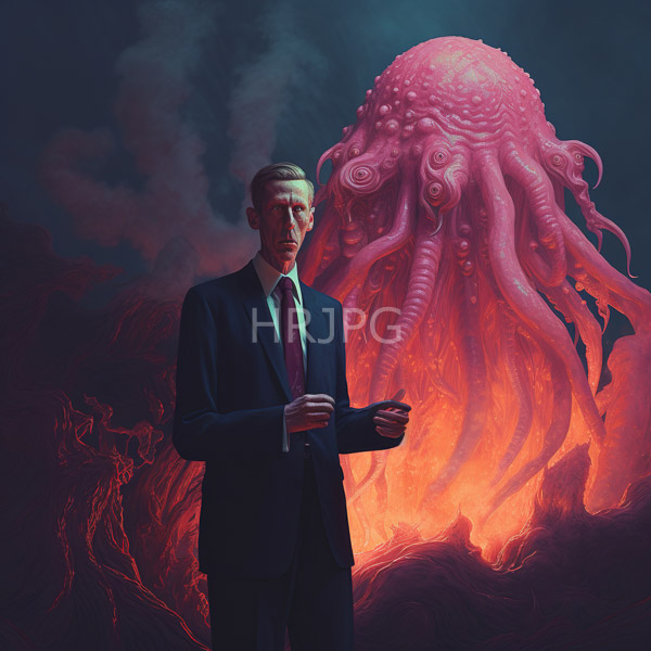 High Resolution: Anxious pale-skinned man in a dark blue suit stands before a massive pink octopus with intricate tentacles against a smoky background of glowing orange lava flows download. | HRJPG.com