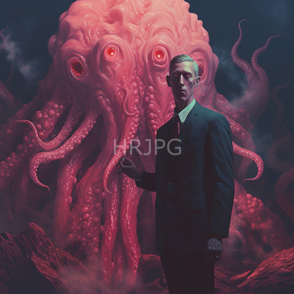 High Resolution: Elderly man with pale skin green hair and pointed ears wears a dark suit standing in front of a massive pink octopus-like creature with glowing red eyes download. | HRJPG.com