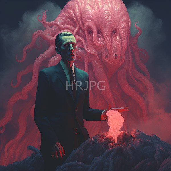High Resolution: Eerie scene features a green-skinned bald man in a dark suit standing before a massive pink octopus with multiple tentacles pointing at rocky terrain download. | HRJPG.com