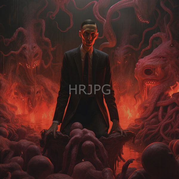 High Resolution: Eerie dark scene with red lighting a pale-skinned man kneels amidst writhing pink tentacles on murky water's surface with menacing skeletal creatures looming behind him download. | HRJPG.com