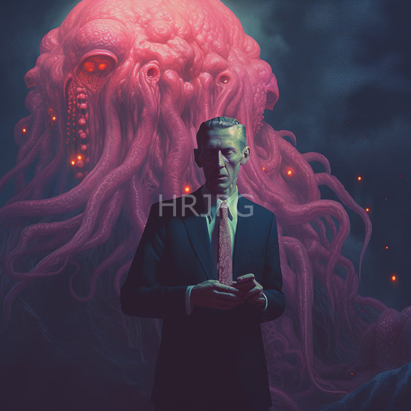High Resolution: Elderly man in a dark suit holding papers nervously before him with a tense anxious expression under eerie pinkish-purple lighting from a massive tentacled sea creature download. | HRJPG.com