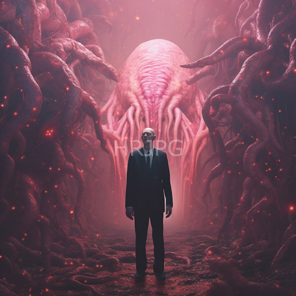 High Resolution: Elderly man in a black suit stands facing forward surrounded by twisted pinkish-red tentacles adorned with glowing red spots in a foggy cavernous setting download. | HRJPG.com