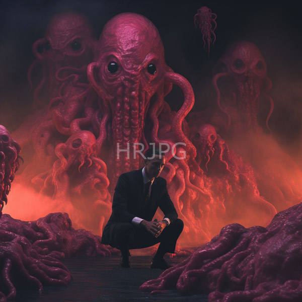 High Resolution: Crouching man in a black suit holds papers against an eerie backdrop of large pink tentacled sea monsters with glowing eyes and red mist on rocky terrain download. | HRJPG.com