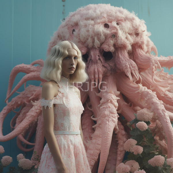 High Resolution: Pale-skinned blonde woman in an off-shoulder pink lace dress stands beside a large fluffy pastel-pink octopus-like creature against a teal wall download. | HRJPG.com