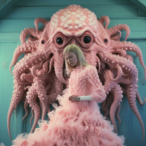 High Resolution: Blonde woman in a voluminous textured pink ball gown stands before a large detailed pastel-pink octopus sculpture against a teal background download. | HRJPG.com