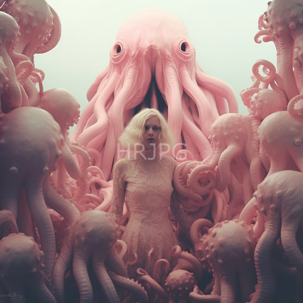 High Resolution: Eerie underwater scene with pale pink tentacled sea creatures surrounding a blonde woman in a lace dress at center against a soft light background download. | HRJPG.com