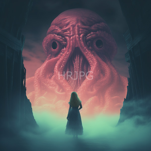 High Resolution: Eerie scene with a giant pink octopus-like creature looming in front of dark ruins under twilight skies with its textured skin and large eyes dominating the background download. | HRJPG.com