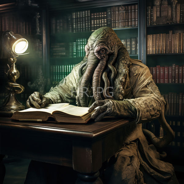 High Resolution: Octopus-headed creature with wrinkled greenish skin and long tentacles writing in an open book on a wooden desk in a dim library setting download. | HRJPG.com