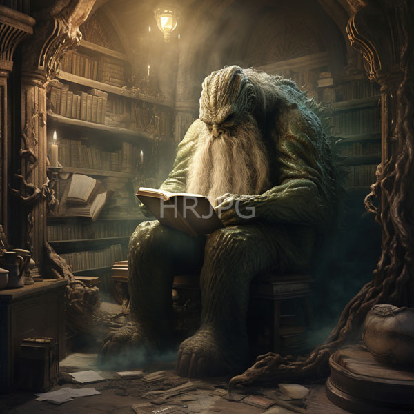 High Resolution: Enormous green-scaled humanoid creature with a long white beard and claws sits in a dim medieval library reading from an open book on a wooden table download. | HRJPG.com