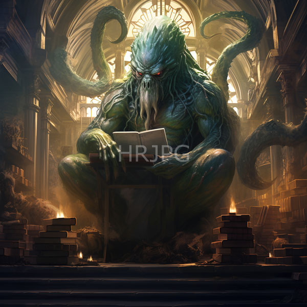 High Resolution: Enormous muscular green tentacled creature with glowing red eyes sits in a dim cathedral-like library reading from an open book surrounded by stacks of books download. | HRJPG.com