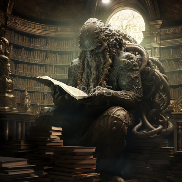 High Resolution: Ancient grotesque statue with tentacles and textured skin reads in dim light within a grand library filled with bookshelves and stacks of books download. | HRJPG.com