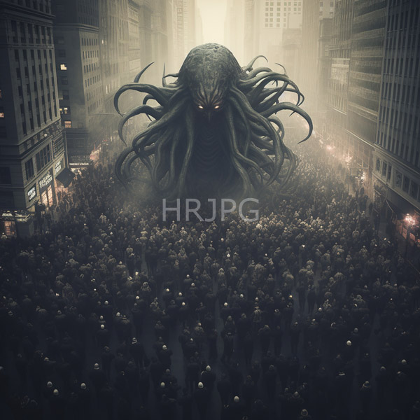 High Resolution: Enormous dark-green tentacled monster with glowing red eyes stands in foggy urban streets at night looming over thousands of small human figures download. | HRJPG.com