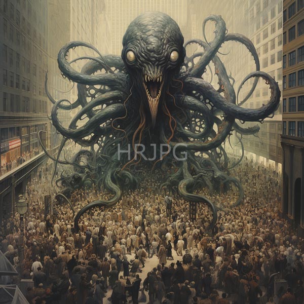 High Resolution: Enormous terrifying sea monster with greenish-blue tentacles and glowing eyes emerging from fog in a crowded city street filled with panicked people download. | HRJPG.com