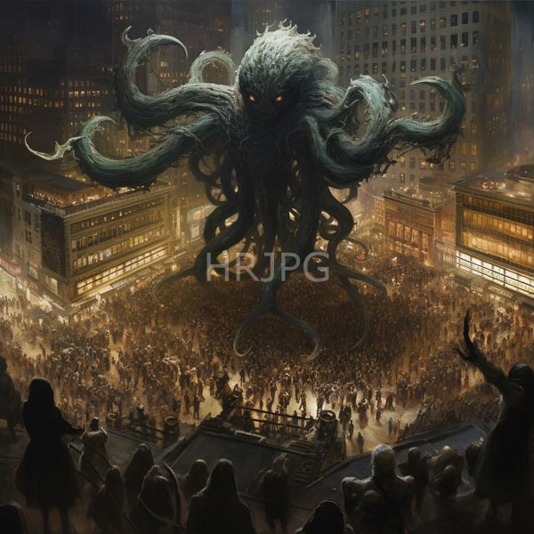 High Resolution: Enormous tentacled sea monster with glowing red eyes hovers above a crowded city square at night its dark green tendrils curl menacingly around people below download. | HRJPG.com