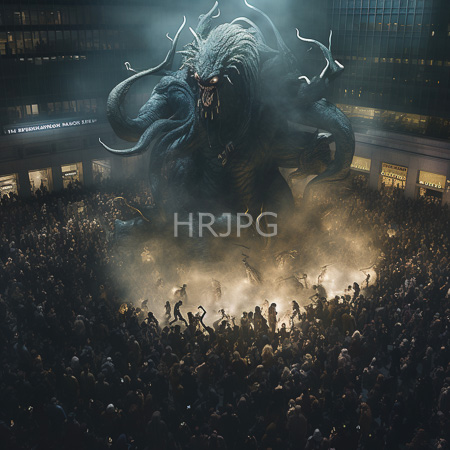 High Resolution: Enormous terrifying dark green scaled monster with multiple horns emerging from mist looms over panicked onlookers in a crowded city square download. | HRJPG.com