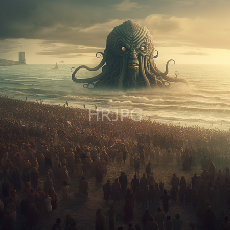 High Resolution: Enormous menacing octopus-headed creature emerging from ocean waves glaring towards a crowded army of robed figures on a sandy beach download. | HRJPG.com
