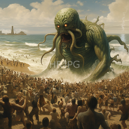 High Resolution: Enormous green tentacled sea monster with glowing red eyes emerging from ocean waves onto a crowded beach with panicked people download. | HRJPG.com