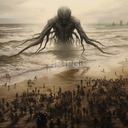 High Resolution: Enormous grotesque sea monster with long tentacles emerging from turbulent ocean waves onto a sandy beach crowded by small human figures download. | HRJPG.com