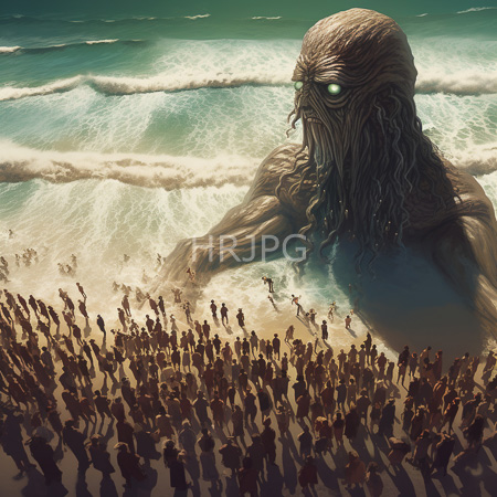 High Resolution: Enormous tentacled sea creature with green glowing eyes emerging from ocean waves onto a sandy beach where silhouetted humans stand download. | HRJPG.com