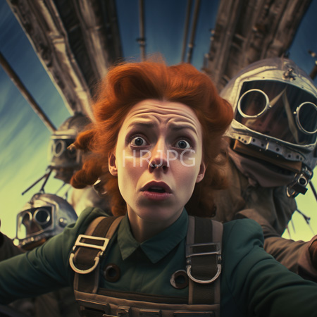 High Resolution: Wide-eyed red-haired woman in a green shirt and brown overalls with a surprised expression stands before two steampunk-style masked figures download. | HRJPG.com