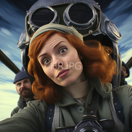 High Resolution: Anxious red-haired woman with fair skin wears green military-style clothing and a gas mask helmet with a bearded man behind her download. | HRJPG.com
