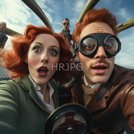 High Resolution: Two steampunk characters with red hair and goggles an excited woman holds a compass dial close-up beside a mustachioed man download. | HRJPG.com