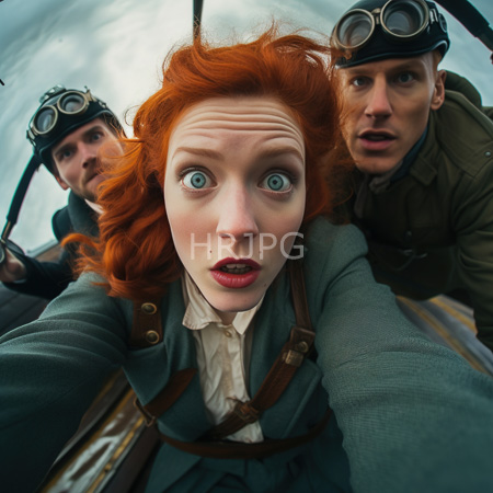 High Resolution: Three steampunk adventurers with wide eyes a red-haired woman in front wears goggles and leather straps with two men behind download. | HRJPG.com