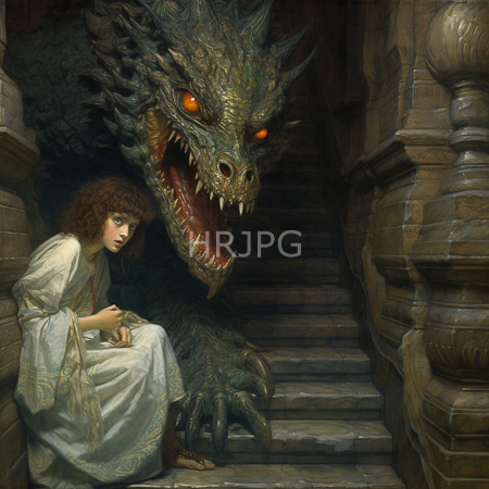 High Resolution: Dark fantasy painting depicts an anxious young woman in white robes sitting beside a menacing dragon-like creature with glowing red eyes download. | HRJPG.com
