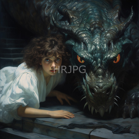 High Resolution: Realistic oil painting depicts an anxious young girl in white robes crouching beside a menacing dark green scaled dragon with bared teeth download. | HRJPG.com