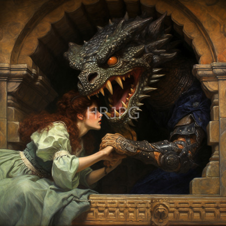 High Resolution: Realistic oil painting depicts a frightened red-haired woman in a green dress grasping hands with a menacing dragon-like creature inside an archway download. | HRJPG.com