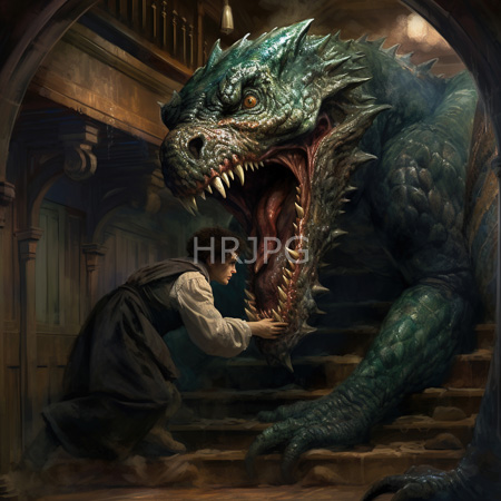 High Resolution: Man with curly brown hair kneels before a massive green-scaled dragon on stone stairs inside Gothic-style architecture with bared sharp teeth download. | HRJPG.com
