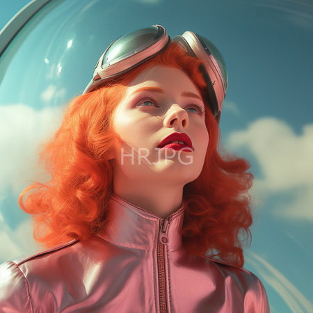 High Resolution: Pale-skinned red-haired woman with curly hair wears a pink metallic jacket and vintage aviator goggles gazing upward against a clear blue sky download. | HRJPG.com