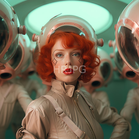 High Resolution: Ethereal woman with vibrant red curly hair and blue eyes wears bold black makeup lines and beige futuristic attire under soft green lighting download. | HRJPG.com