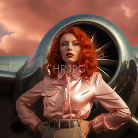 High Resolution: Pale-skinned red-haired woman with wavy hair wears a pink satin shirt standing confidently in front of an old-fashioned airplane engine download. | HRJPG.com