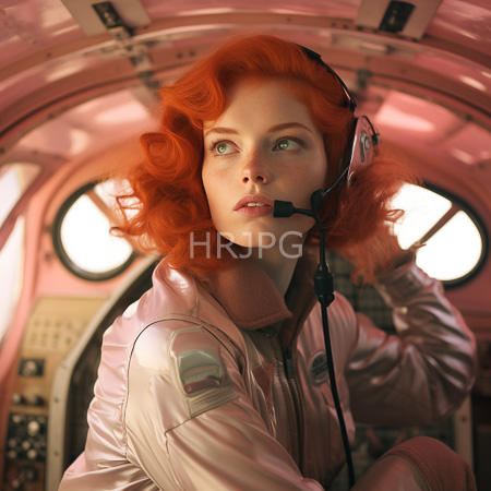 High Resolution: Attractive woman with vibrant red curly hair and green eyes wears a pink metallic spacesuit seated in a futuristic spacecraft cockpit download. | HRJPG.com